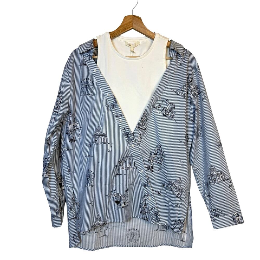 Maje Lasane Asymmetrical Layered Top Size 3 Imprime Paris Scene Parisian NWT - Picture 2 of 15
